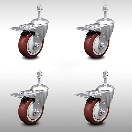 Service Caster 4 Inch SS Maroon Polyurethane 10mm Threaded Stem Caster Set Total Lock Brake SCC-SSTSTTL20S414-PPUB-MRN-M1015-4